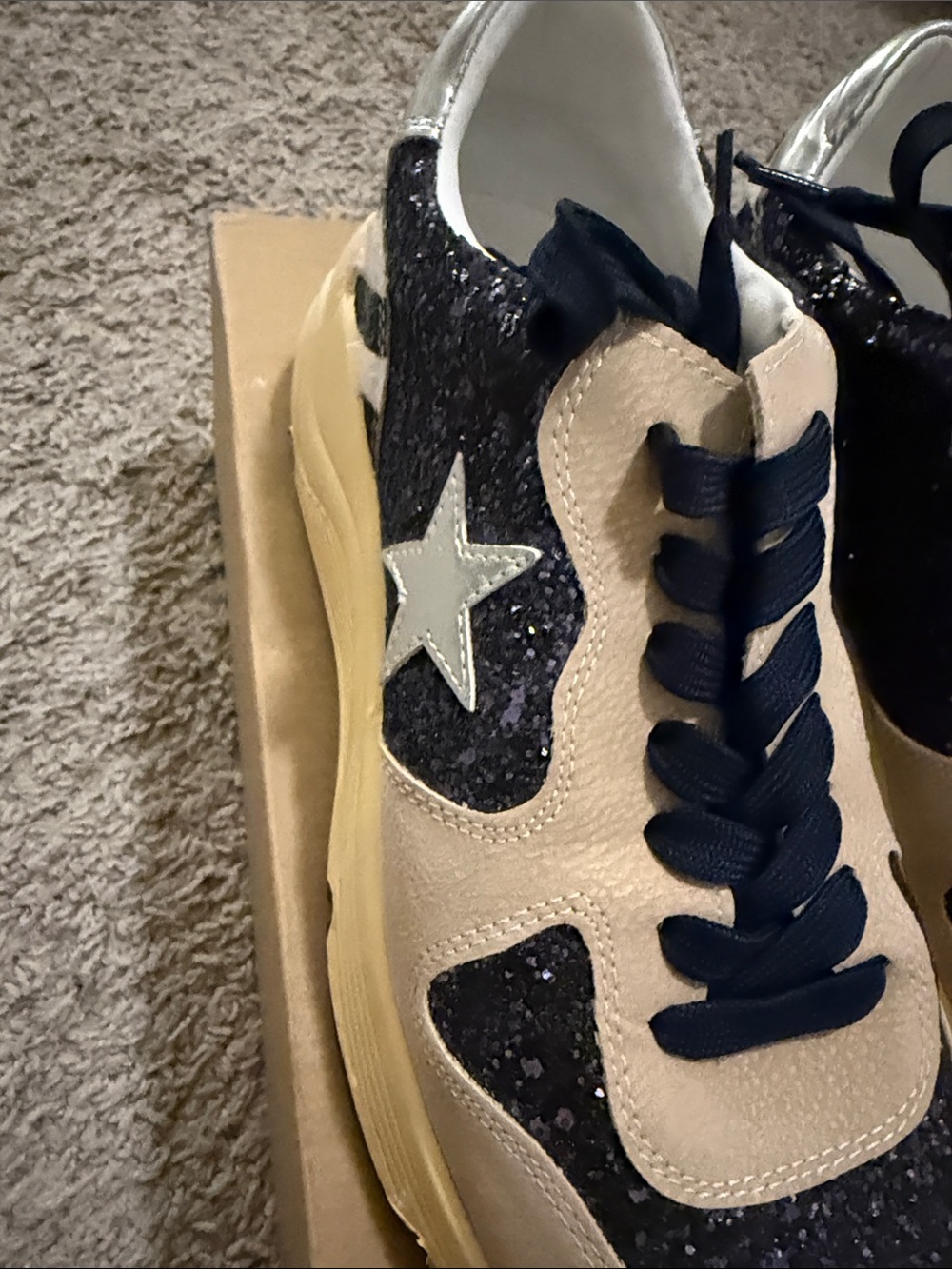 Beige and Navy Glitter Accent Sneakers - Picture 3 of 6